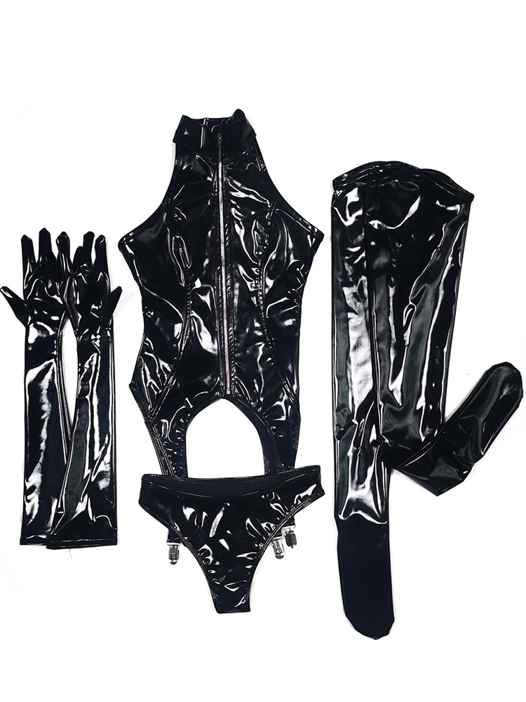 4PCS/SET Wet Look PVC Catsuit  - Garter Belt Set reseña y precio