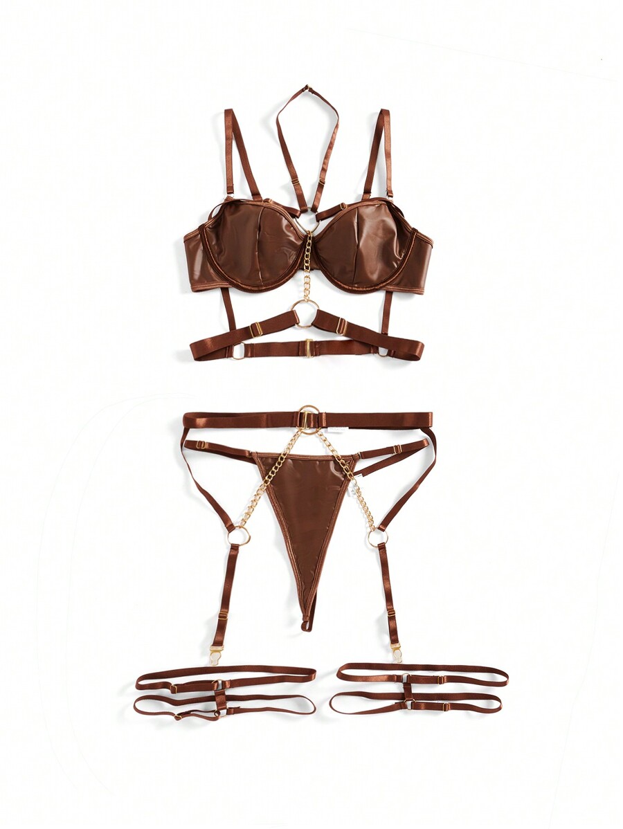 Patent Leather Underwire Bra A - Garter Belt Set reseña y precio